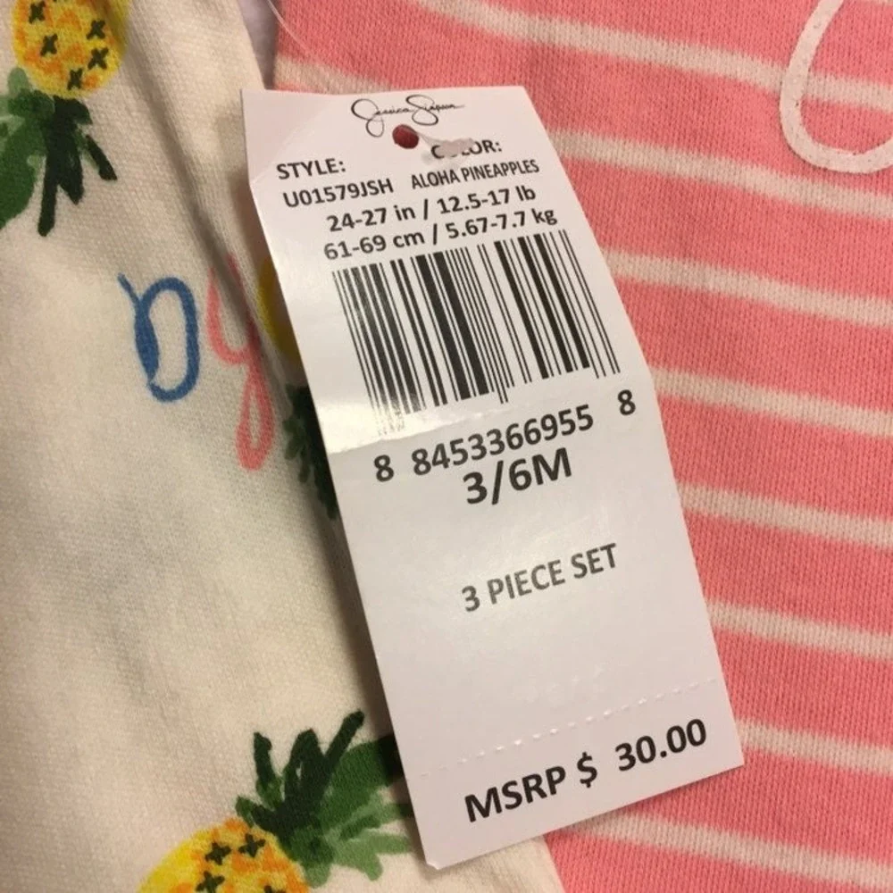 Jessica Simpson Bodysuit Set Kids 3/6M Pink Yellow White NEW Pineapple Aloha 3pc
